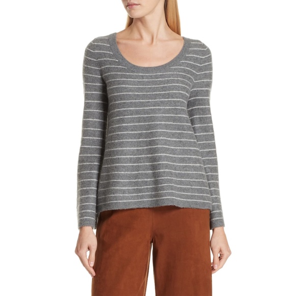 VINCE NWT 100% CASHMERE STRIPED BELL SLEEVE HEATHER STONE/STERLING SWEATER. S - Picture 6 of 15